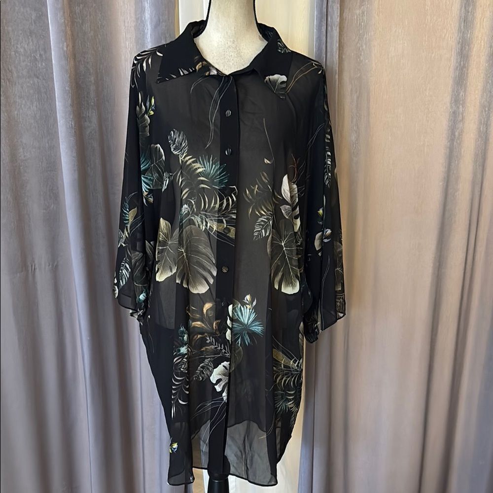 Teri Jon Chic Black Floral Sheer Blouse, US16